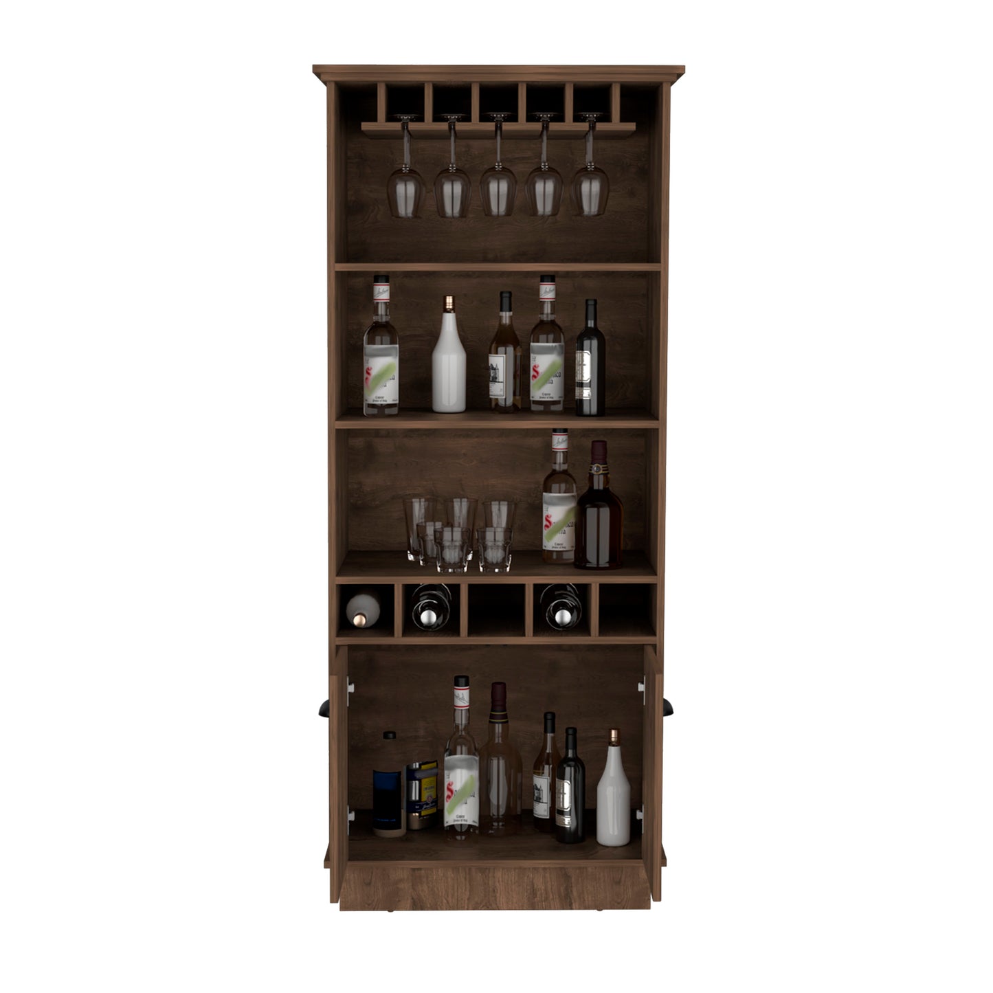 Dundee 70-Inch High 10-Glass Bar Cabinet With 5 Cubbies And 3 Open Shelves And Cabinet