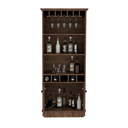 Dundee 70-Inch High 10-Glass Bar Cabinet With 5 Cubbies And 3 Open Shelves And Cabinet