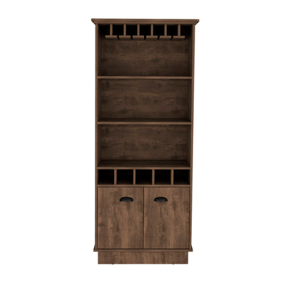 Dundee 70-Inch High 10-Glass Bar Cabinet With 5 Cubbies And 3 Open Shelves And Cabinet