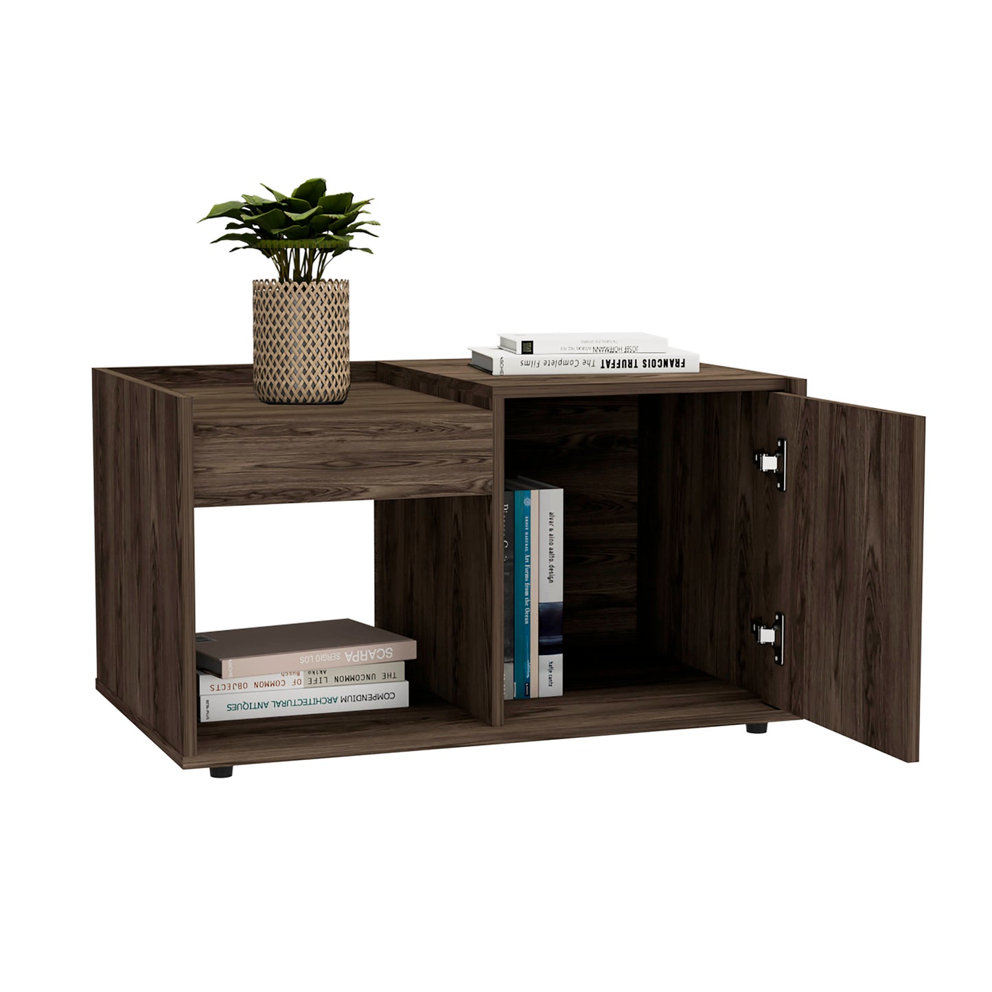 Tuhome Lyon Coffee Table with Single Door Cabinet, Open Lower Shelf, Dual Superior Top Surfaces, Modern Multifunctional Living Room Design for Organized Storage and Everyday Convenience in Contemporary Home Spaces