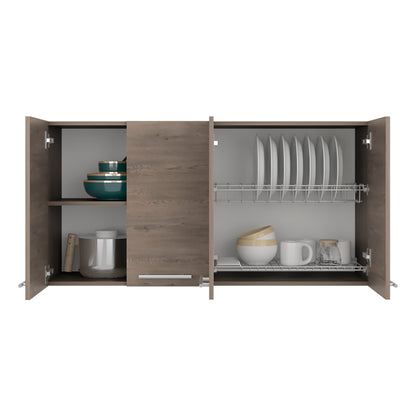 Tuhome 120 Four-Door Wall Cabinet in White with Spacious Storage and Metal Dish Rack for Kitchen, Garage, or Mudroom