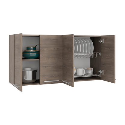 Tuhome 120 Four-Door Wall Cabinet in White with Spacious Storage and Metal Dish Rack for Kitchen, Garage, or Mudroom