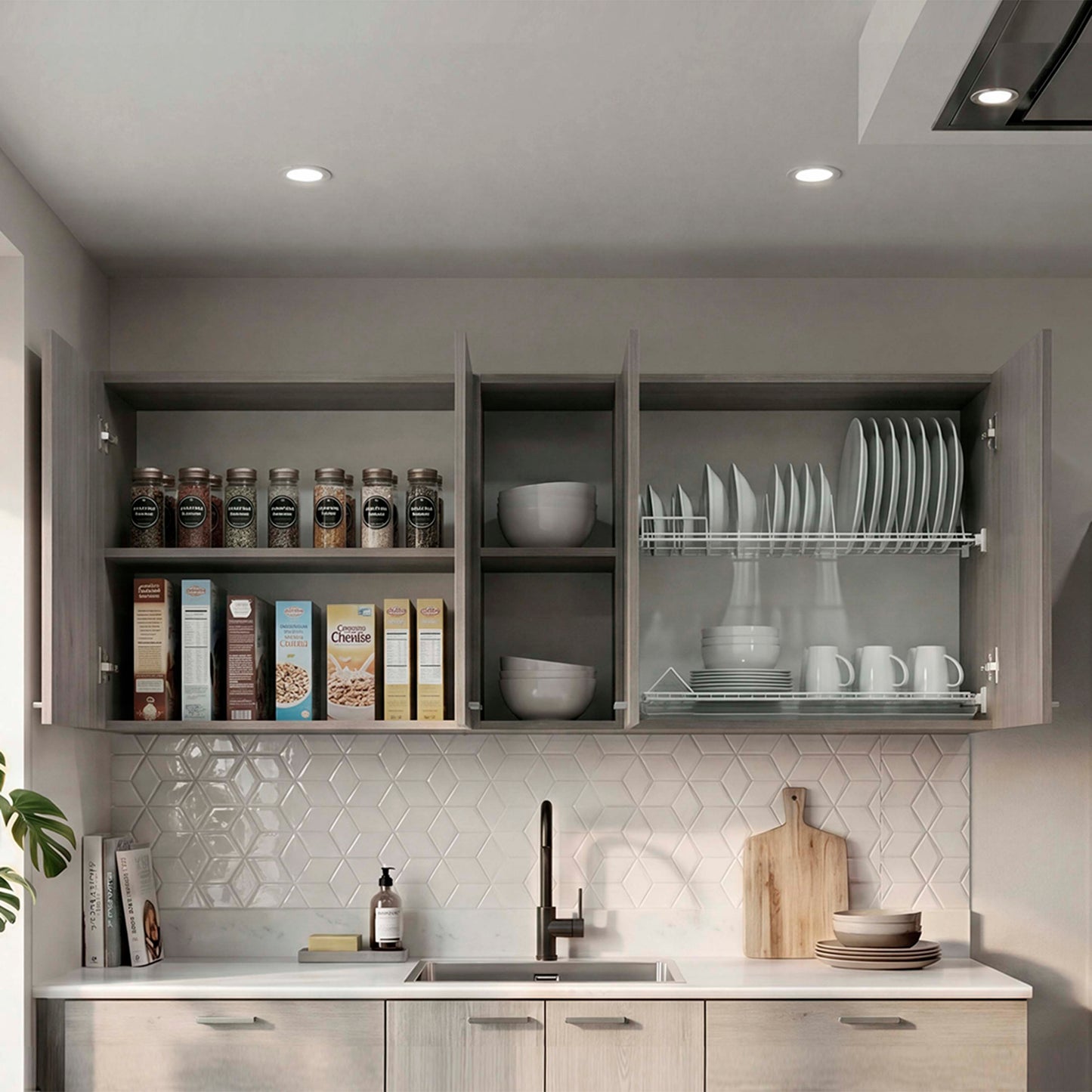 Tuhome Portofino 150 Wall Cabinet with Double Doors, Two External Shelves, Two Interior Shelves, Built-in Dish Rack