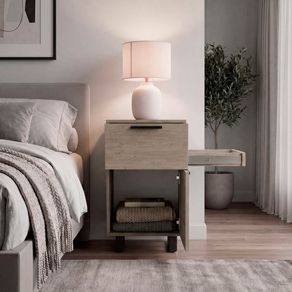 Secret Compact Nightstand with One Standard Drawer, Hidden Side Drawer and Storage Cabinet