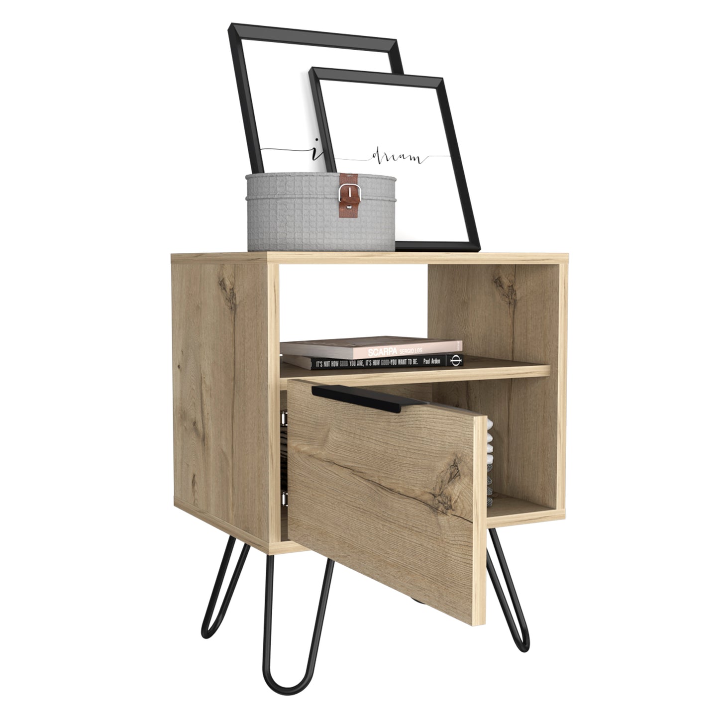 Tuhome Augusta Nightstand with Compact Modern Design, Spacious Storage Drawer and Open Shelf, Bedside Organization Solution for Small Bedrooms, Contemporary Functional Furniture to Enhance Comfort and Daily Use