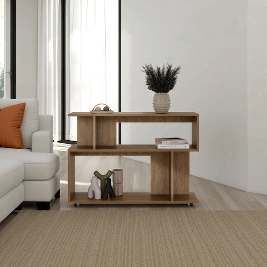 Asymmetrical Sofa SideTable with Open Storage Shelves, A Top Shelf, Modern Accent Style Table for Living Room Or Entryways