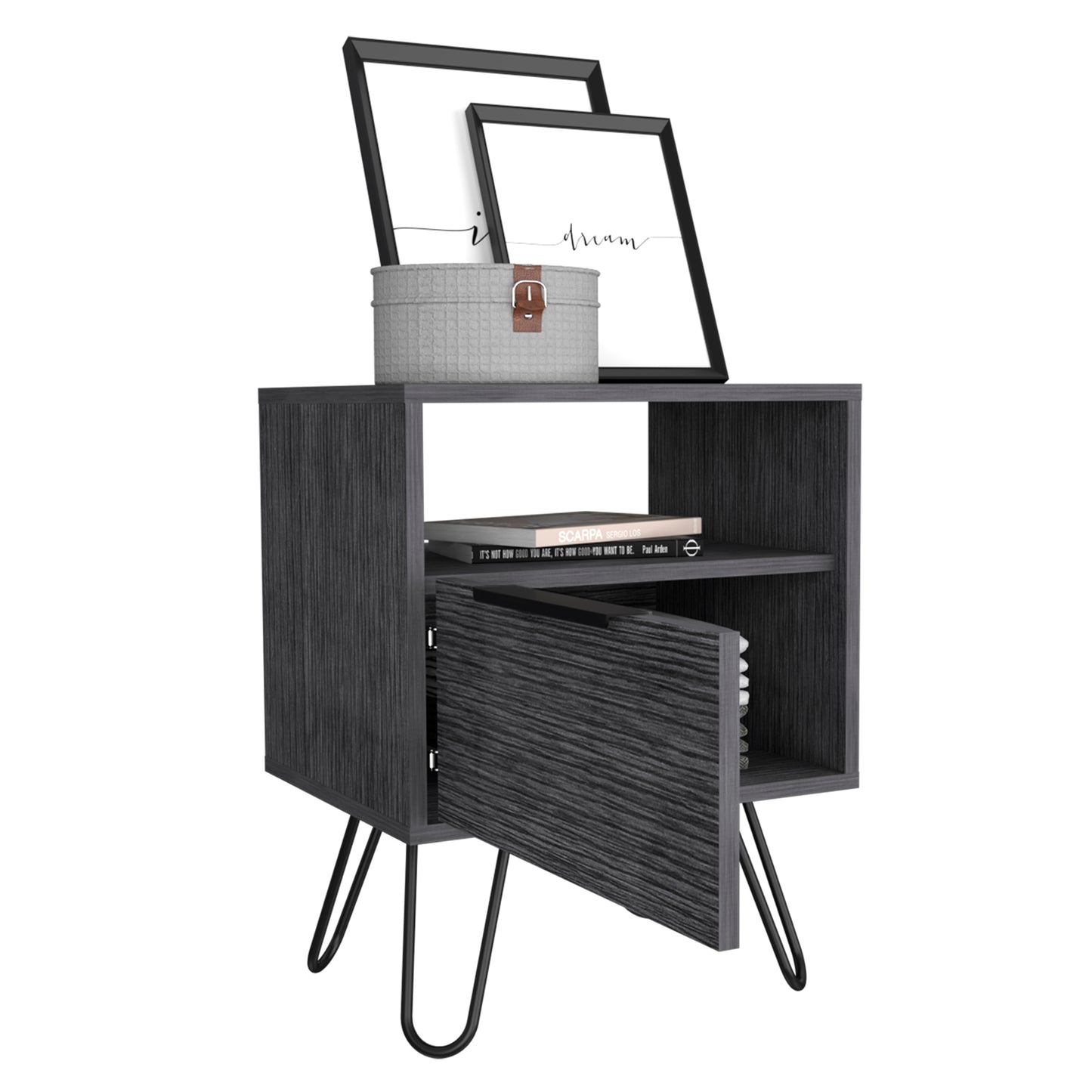 Tuhome Augusta Nightstand with Compact Modern Design, Spacious Storage Drawer and Open Shelf, Bedside Organization Solution for Small Bedrooms, Contemporary Functional Furniture to Enhance Comfort and Daily Use