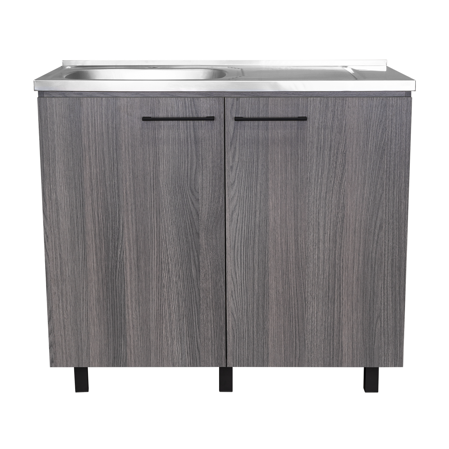 Napoles Utility Sink with Faucet Inclued and Integrated Steel Counter top, Freestanding cabinet with two doors, Metal Handles and Two interior shelves.