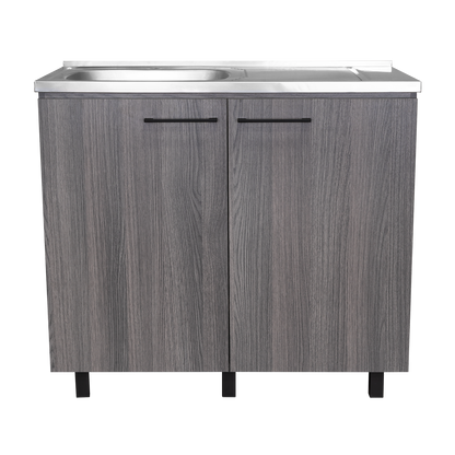 Napoles Utility Sink with Faucet Inclued and Integrated Steel Counter top, Freestanding cabinet with two doors, Metal Handles and Two interior shelves.