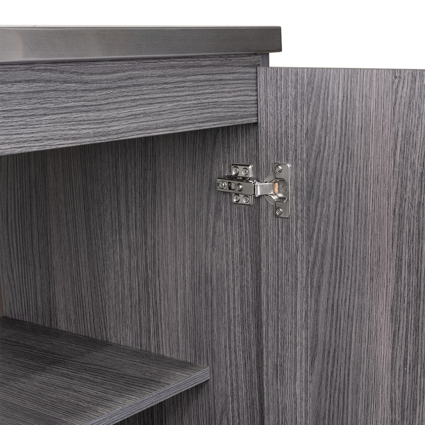 Napoles Utility Sink with Faucet Inclued and Integrated Steel Counter top, Freestanding cabinet with two doors, Metal Handles and Two interior shelves.