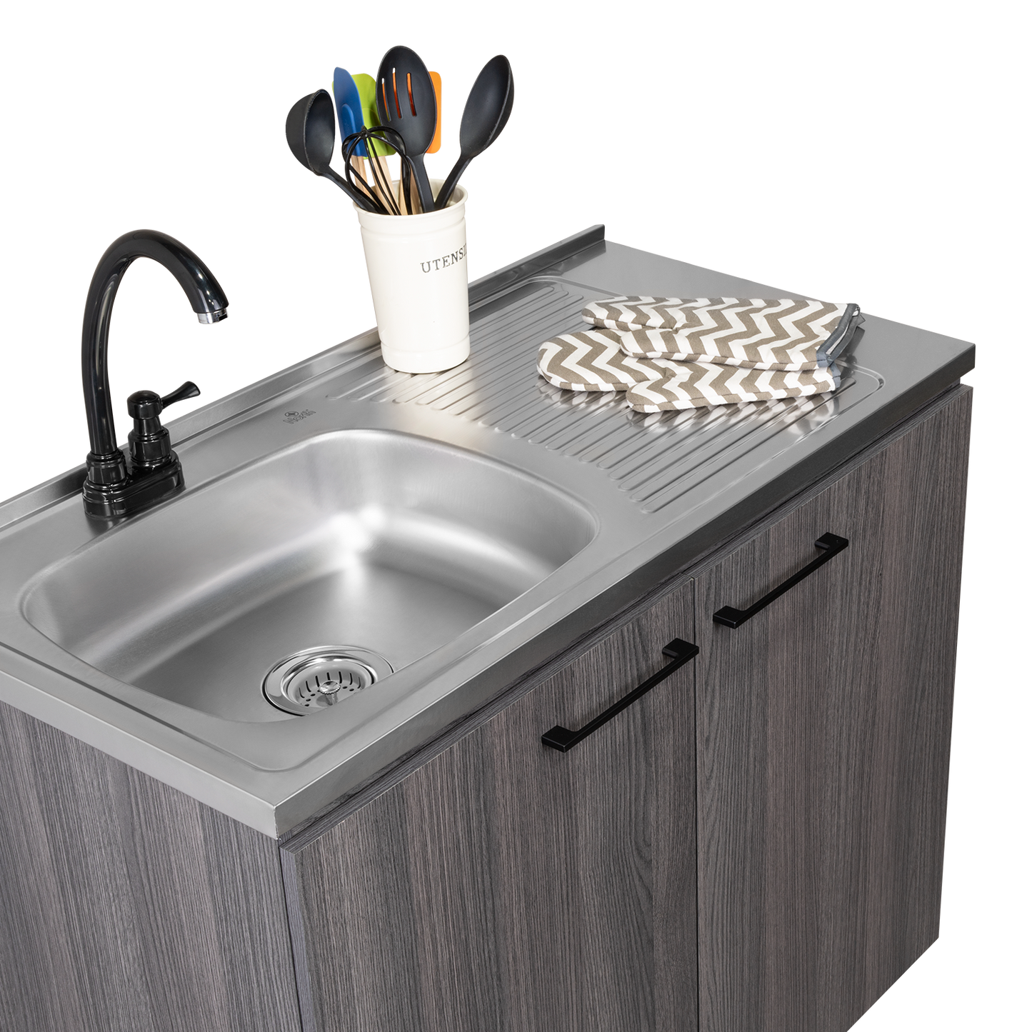 Napoles Utility Sink with Faucet Inclued and Integrated Steel Counter top, Freestanding cabinet with two doors, Metal Handles and Two interior shelves.