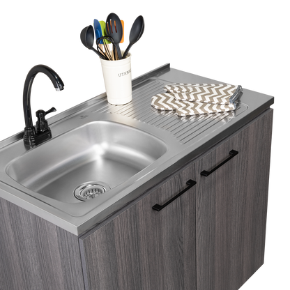 Napoles Utility Sink with Faucet Inclued and Integrated Steel Counter top, Freestanding cabinet with two doors, Metal Handles and Two interior shelves.