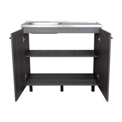 Napoles Utility Sink with Faucet Inclued and Integrated Steel Counter top, Freestanding cabinet with two doors, Metal Handles and Two interior shelves.