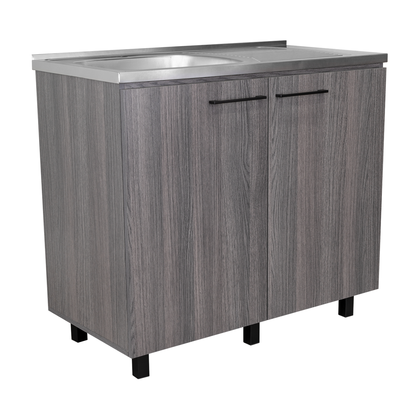 Napoles Utility Sink with Faucet Inclued and Integrated Steel Counter top, Freestanding cabinet with two doors, Metal Handles and Two interior shelves.