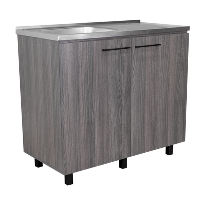 Napoles Utility Sink with Faucet Inclued and Integrated Steel Counter top, Freestanding cabinet with two doors, Metal Handles and Two interior shelves.