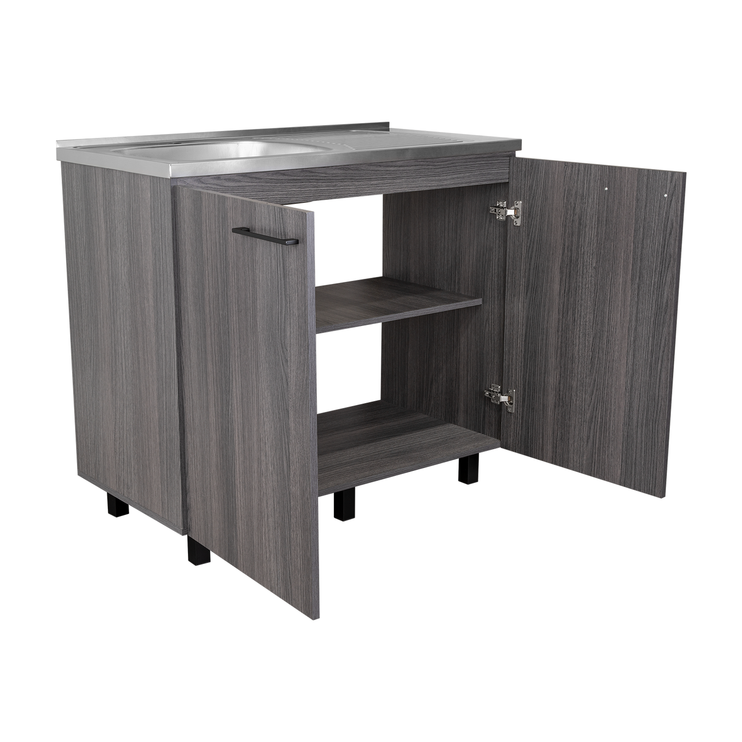 Napoles Utility Sink with Faucet Inclued and Integrated Steel Counter top, Freestanding cabinet with two doors, Metal Handles and Two interior shelves.