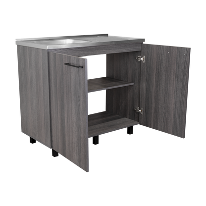 Napoles Utility Sink with Faucet Inclued and Integrated Steel Counter top, Freestanding cabinet with two doors, Metal Handles and Two interior shelves.