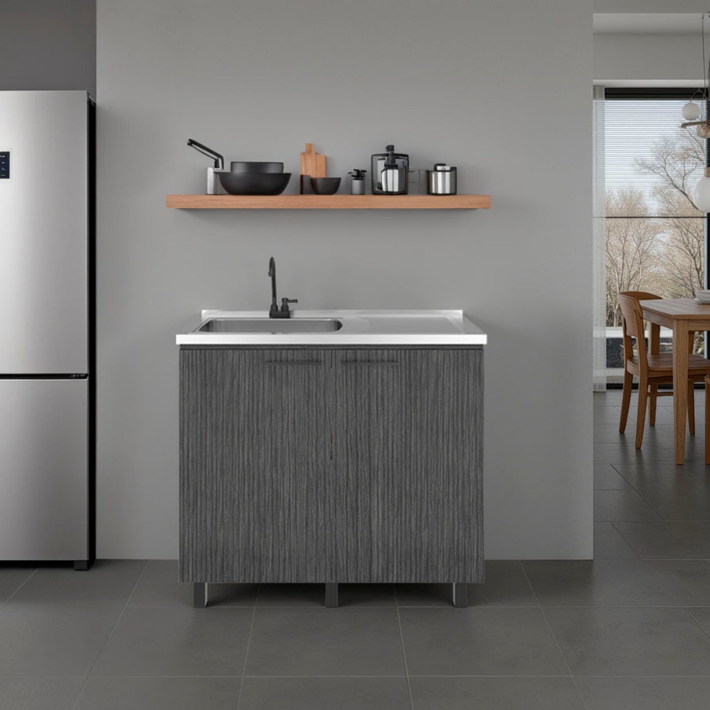 Modern kitchen setup with a refrigerator, sink unit, and wooden shelf.