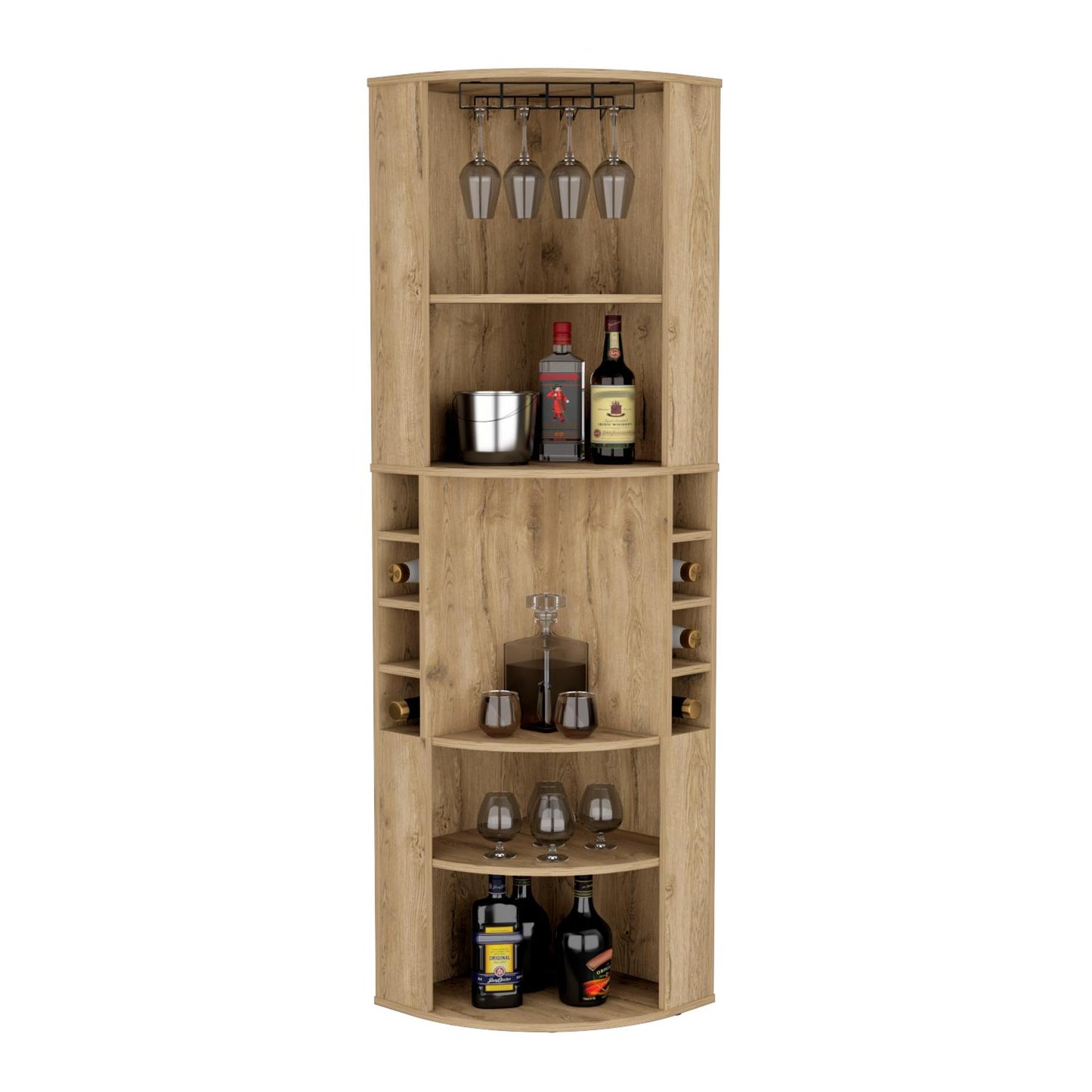 Oban Corner Bar Cabinet with Five Shelves, Eight Bottle Cubbies and Stemware Storage, Space-Saving Full-Corner Design for Home Entertainment, Multi-Level Display and Organized Beverage Storage for Modern Living Spaces