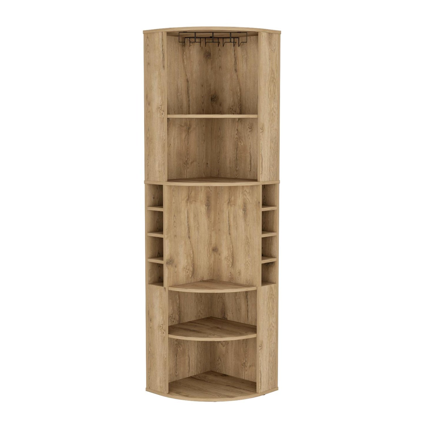 Oban Corner Bar Cabinet with Five Shelves, Eight Bottle Cubbies and Stemware Storage, Space-Saving Full-Corner Design for Home Entertainment, Multi-Level Display and Organized Beverage Storage for Modern Living Spaces