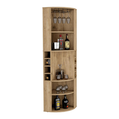 Oban Corner Bar Cabinet with Five Shelves, Eight Bottle Cubbies and Stemware Storage, Space-Saving Full-Corner Design for Home Entertainment, Multi-Level Display and Organized Beverage Storage for Modern Living Spaces
