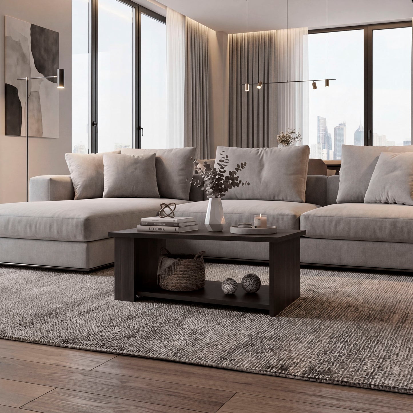 Dago Modern Coffee Table with Open Storage Shelf, Rectangular Center Table for Living Room, Apartment, Family Room or Lounge Area