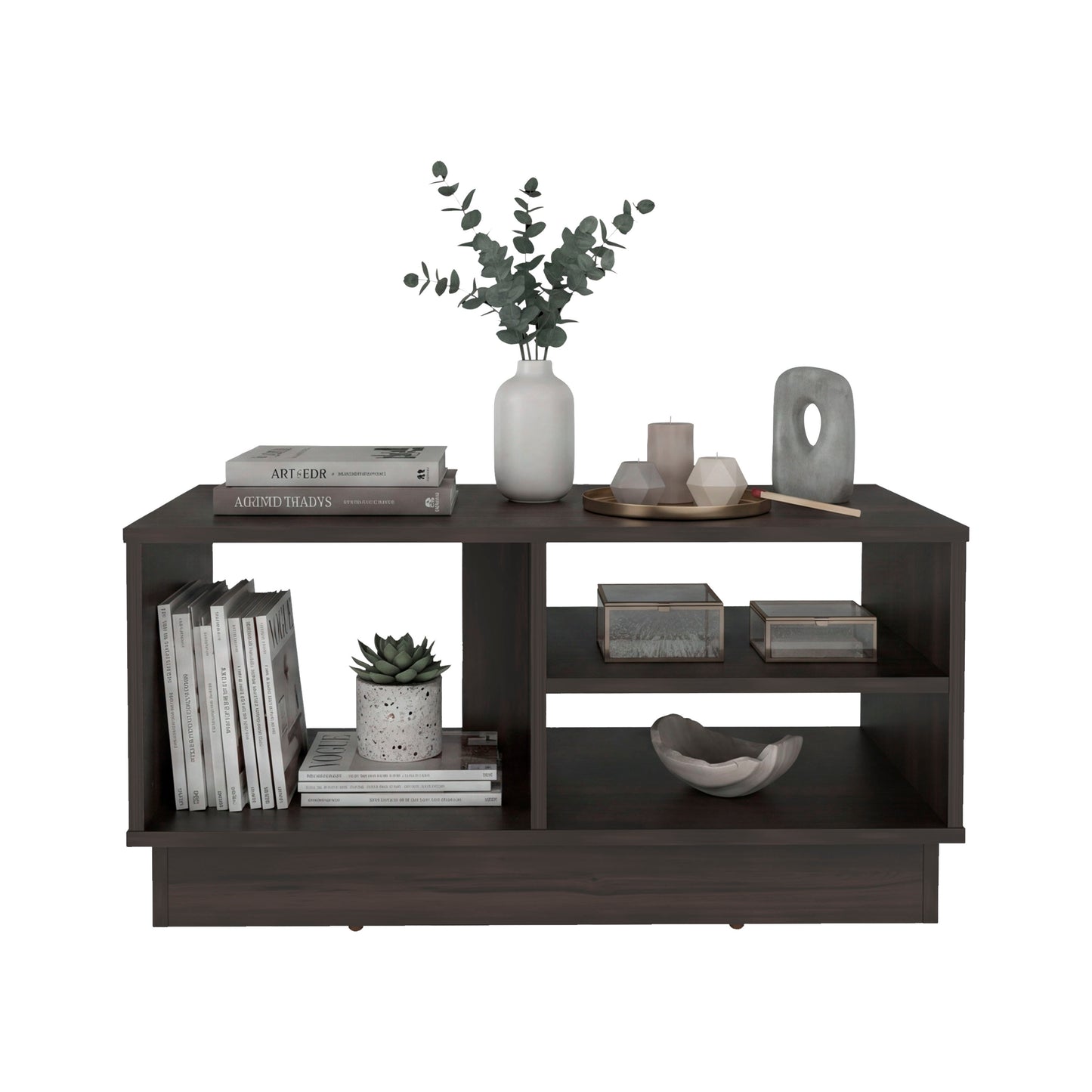 Caoba Modern Coffee Table with Three Open Shelves Storage, Rectangular Accent Center Table for Living Room, Apartment, Office or Family Room