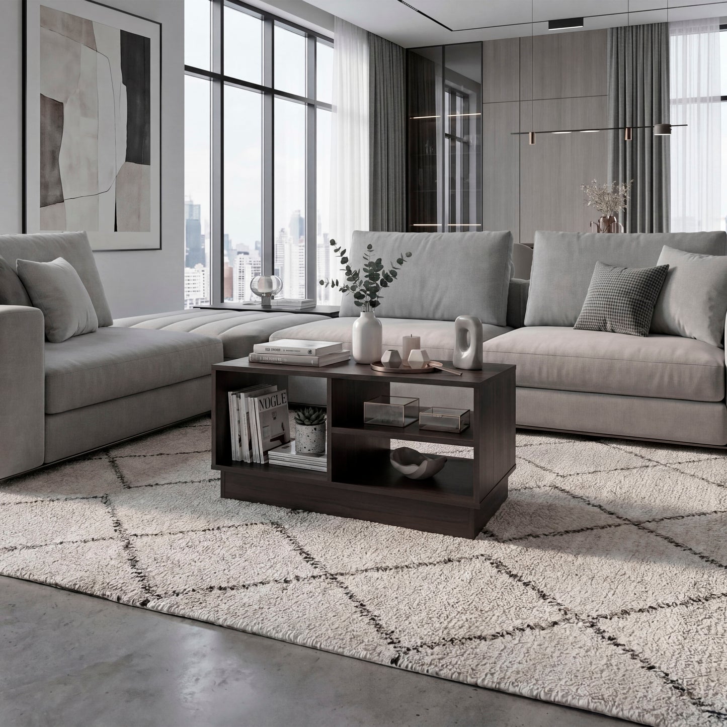 Caoba Modern Coffee Table with Three Open Shelves Storage, Rectangular Accent Center Table for Living Room, Apartment, Office or Family Room