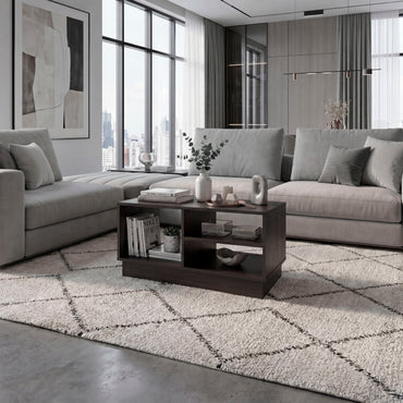 Caoba Modern Coffee Table with Three Open Shelves Storage, Rectangular Accent Center Table for Living Room, Apartment, Office or Family Room