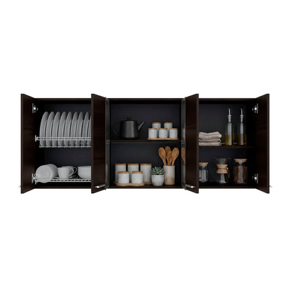 Tuhome Superior 150 Wall Cabinet with Glass, Four Interior Shelves, Two Double Doors, Built-in Dish Rack, Modern Design for Kitchen Storage and Organization