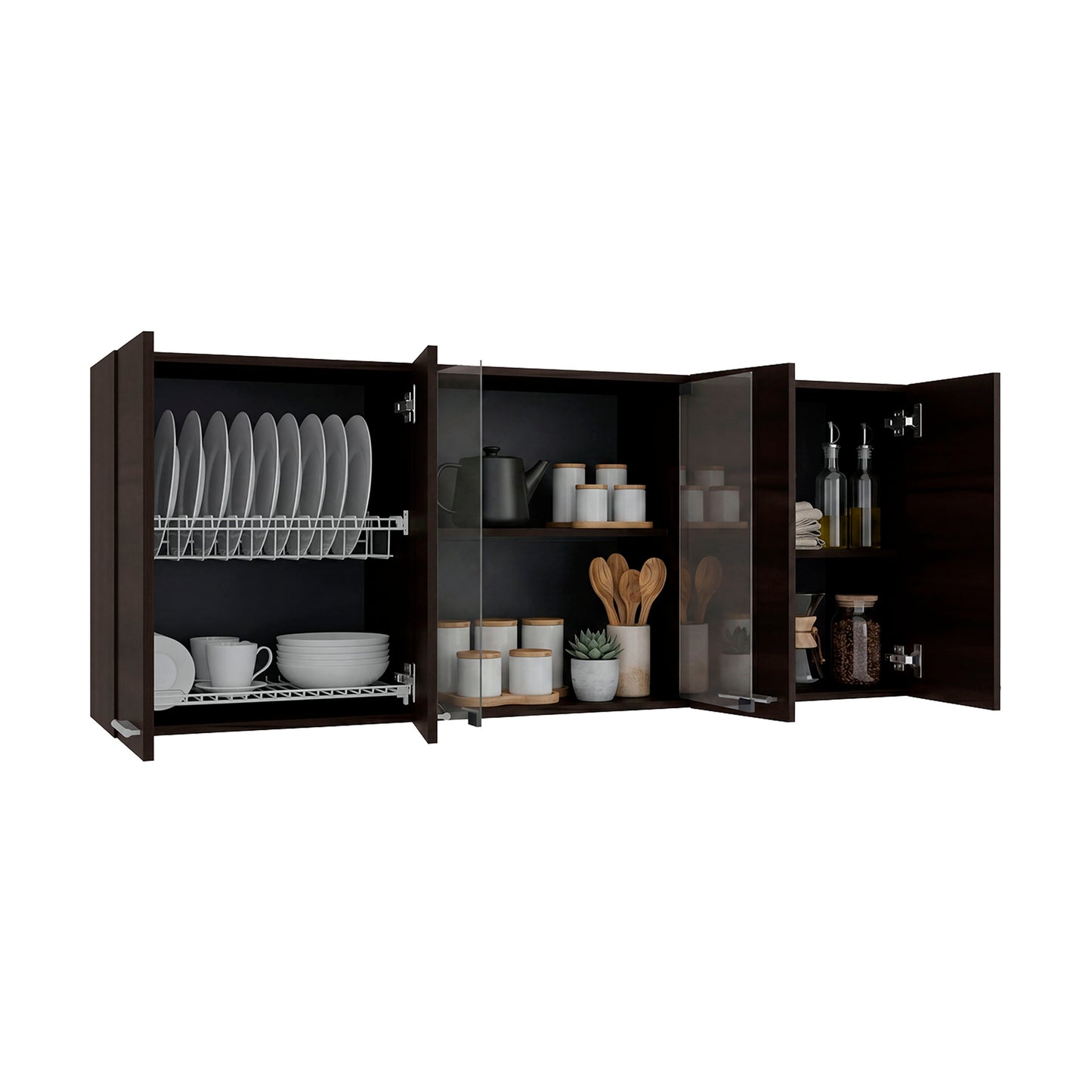Tuhome Superior 150 Wall Cabinet with Glass, Four Interior Shelves, Two Double Doors, Built-in Dish Rack, Modern Design for Kitchen Storage and Organization