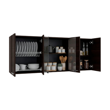 Tuhome Superior 150 Wall Cabinet with Glass, Four Interior Shelves, Two Double Doors, Built-in Dish Rack, Modern Design for Kitchen Storage and Organization