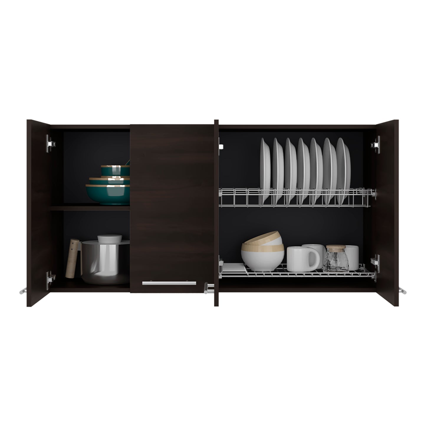 Tuhome 120 Four-Door Wall Cabinet in White with Spacious Storage and Metal Dish Rack for Kitchen, Garage, or Mudroom