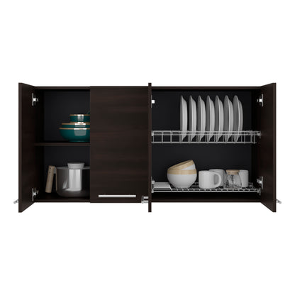 Tuhome 120 Four-Door Wall Cabinet in White with Spacious Storage and Metal Dish Rack for Kitchen, Garage, or Mudroom