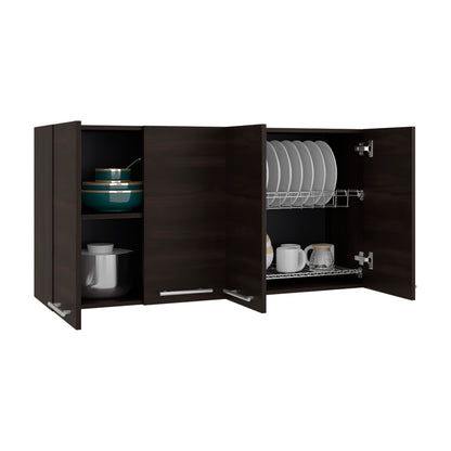 Tuhome 120 Four-Door Wall Cabinet in White with Spacious Storage and Metal Dish Rack for Kitchen, Garage, or Mudroom