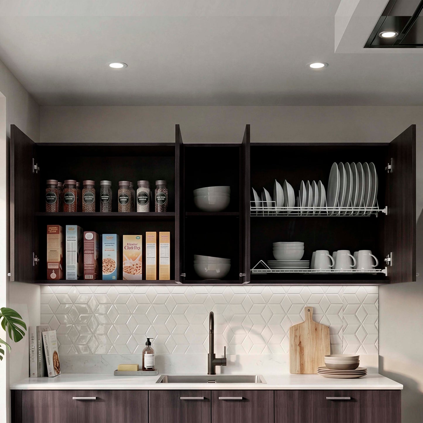 Tuhome Portofino 150 Wall Cabinet with Double Doors, Two External Shelves, Two Interior Shelves, Built-in Dish Rack