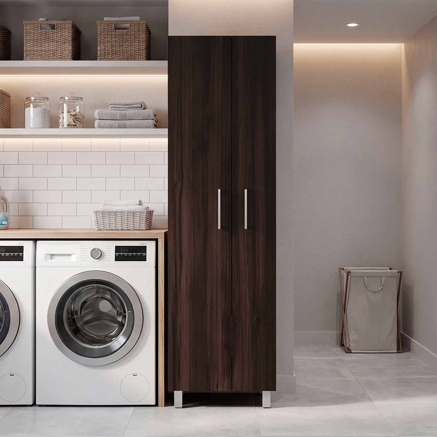 TUHOME Nala Cleaning Cabinet, Freestanding Utility Storage with Double Door Cabinet, Five Shelves, Broom and Mop Compartment, Space-Saving Organization for Laundry Room, Kitchen or Garage