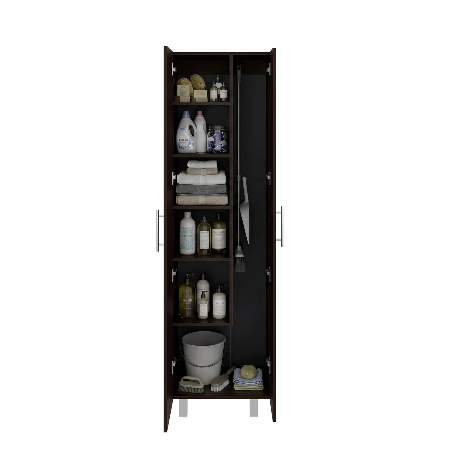 TUHOME Nala Cleaning Cabinet, Freestanding Utility Storage with Double Door Cabinet, Five Shelves, Broom and Mop Compartment, Space-Saving Organization for Laundry Room, Kitchen or Garage