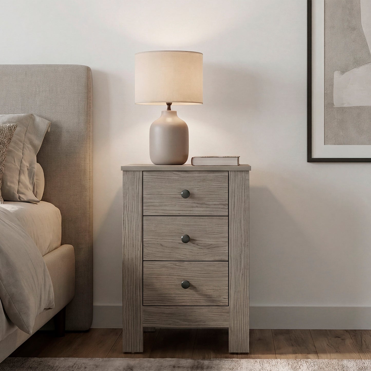 Freedom Rustic Farmhouse Nightstand and Side Table with 3 Drawers, Freestanding Compact Bedside Organizer