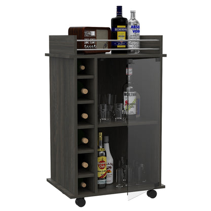 Tuhome Dukat Bar Cart with Two Shelves, Six Built-In Wine Racks, Four Casters, Modern Storage Solution for Kitchen or Dining Room
