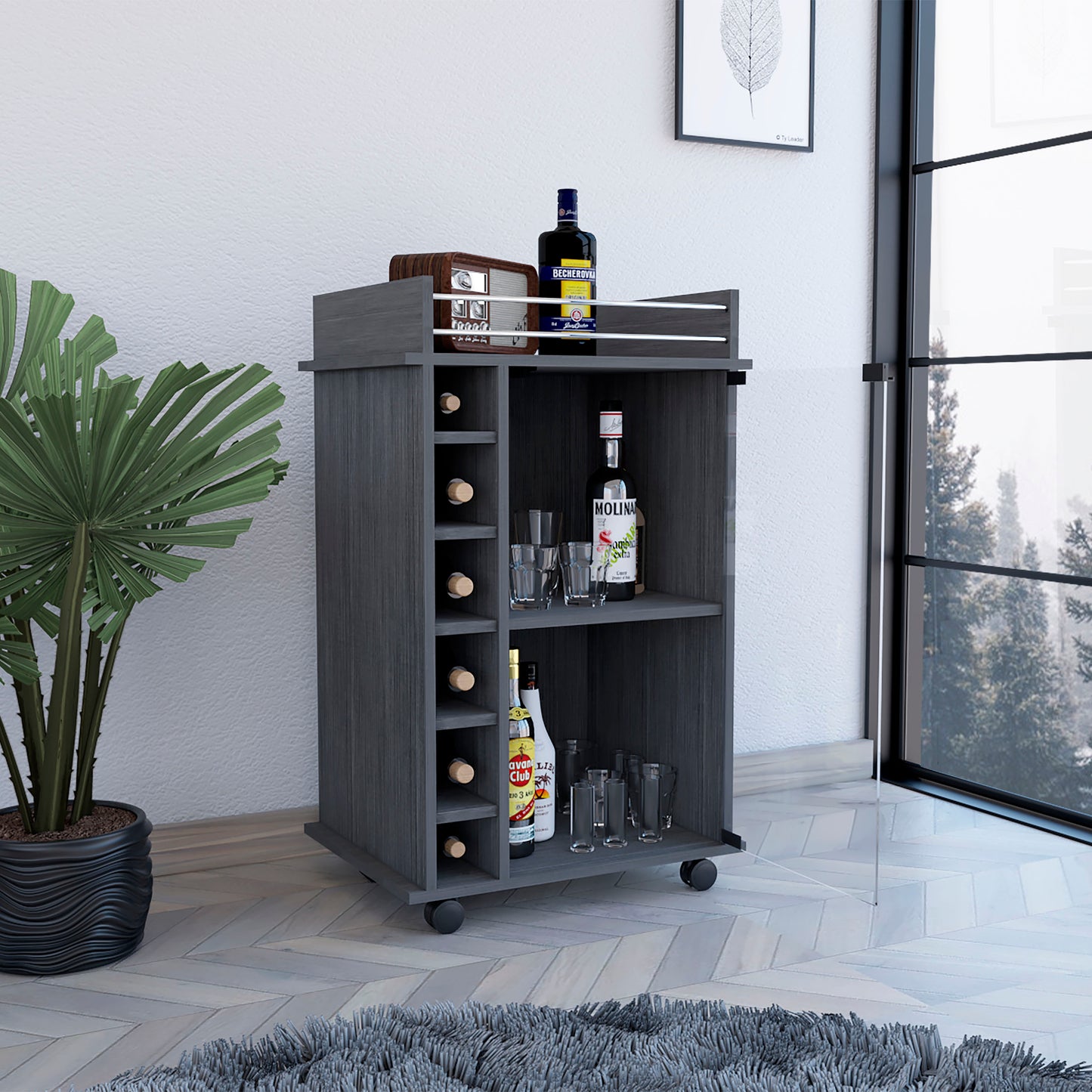 Tuhome Dukat Bar Cart with Two Shelves, Six Built-In Wine Racks, Four Casters, Modern Storage Solution for Kitchen or Dining Room