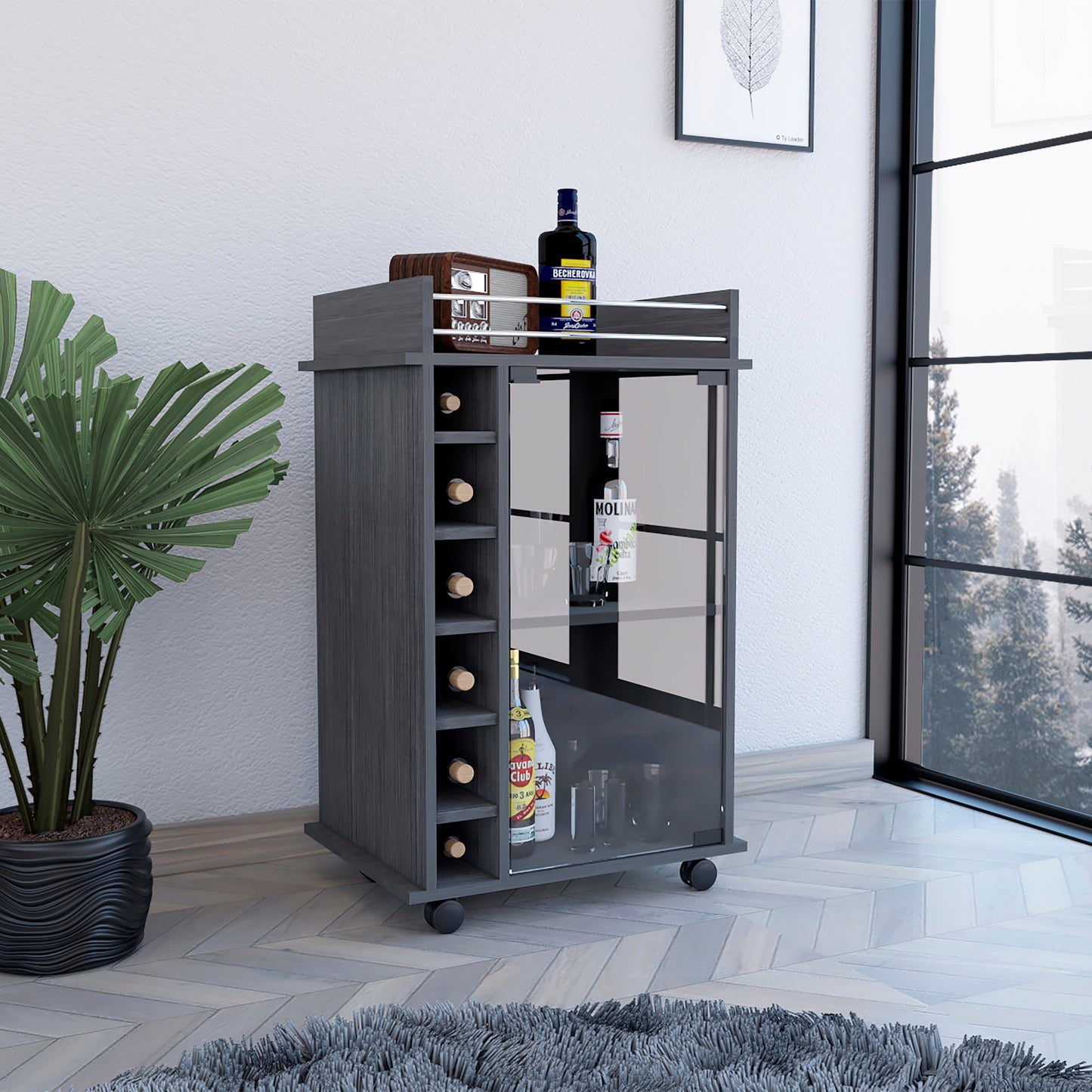 Tuhome Dukat Bar Cart with Two Shelves, Six Built-In Wine Racks, Four Casters, Modern Storage Solution for Kitchen or Dining Room