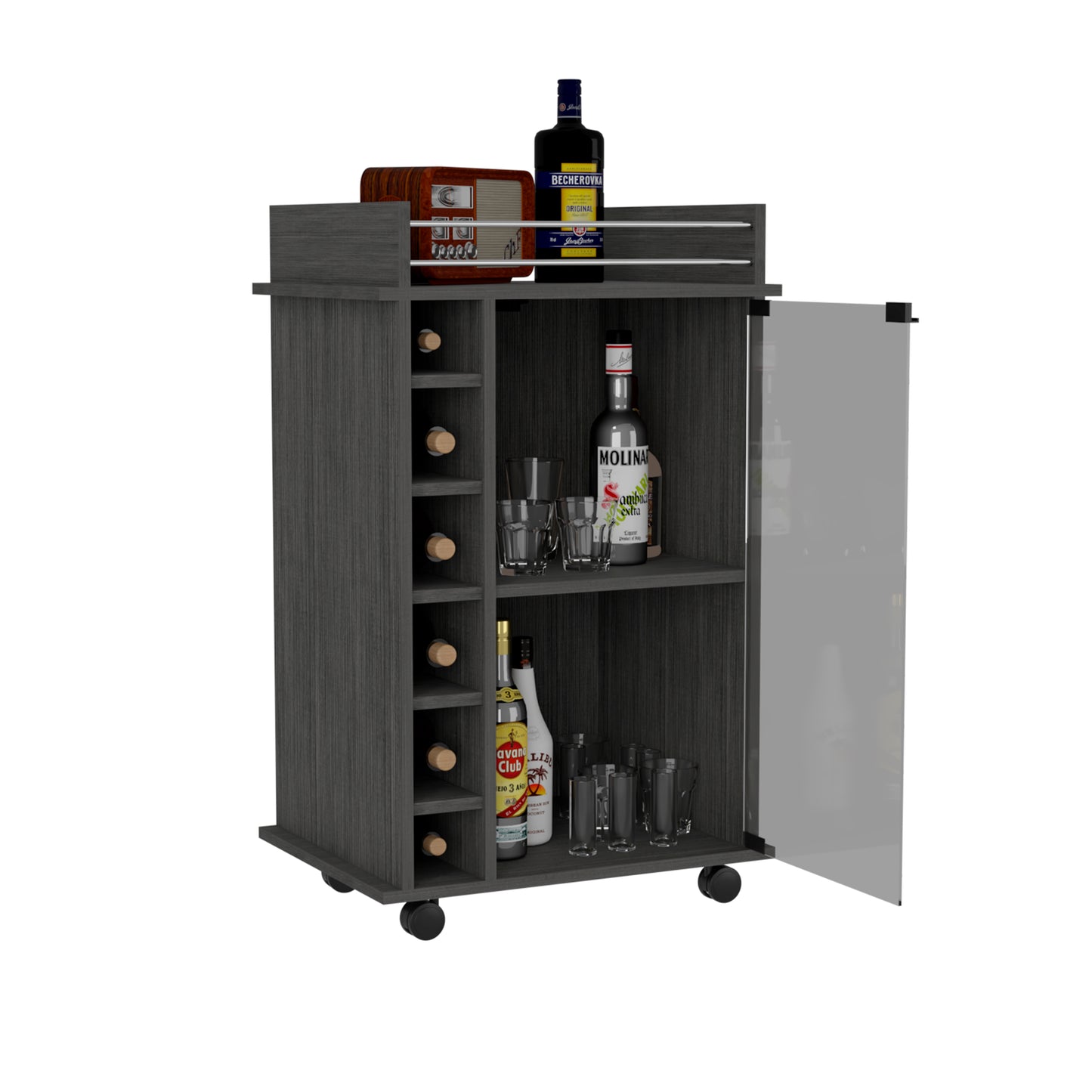 Tuhome Dukat Bar Cart with Two Shelves, Six Built-In Wine Racks, Four Casters, Modern Storage Solution for Kitchen or Dining Room