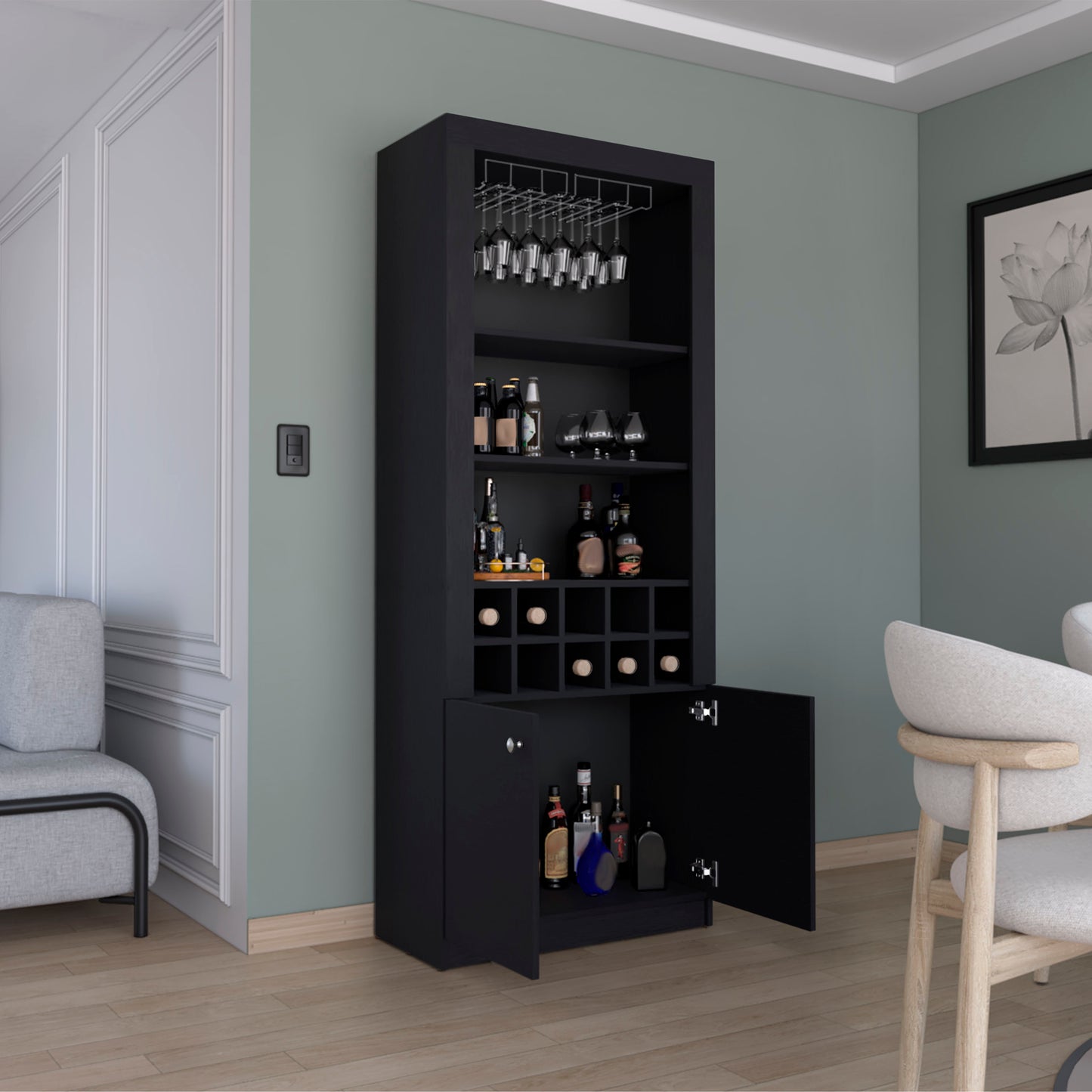 Nero Tall Bar Cabinet 4-Tier Modern Bar Cabinet with Glass Holder Stemware Rack, Wine Cabinet, Liquor Cabinet, 10 Bottle Cubbies and 4 Shelves.