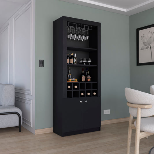 Nero Tall Bar Cabinet 4-Tier Modern Bar Cabinet with Glass Holder Stemware Rack, Wine Cabinet, Liquor Cabinet, 10 Bottle Cubbies and 4 Shelves.