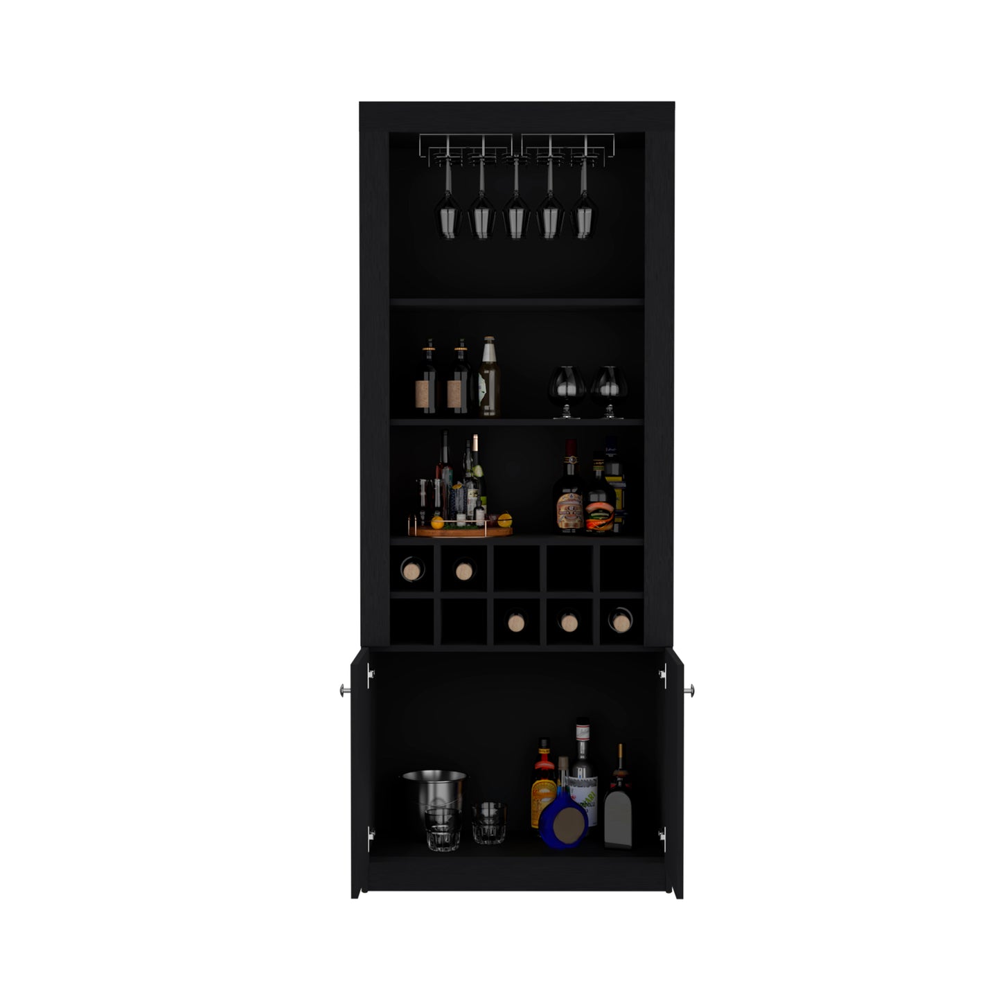 Nero Tall Bar Cabinet 4-Tier Modern Bar Cabinet with Glass Holder Stemware Rack, Wine Cabinet, Liquor Cabinet, 10 Bottle Cubbies and 4 Shelves.