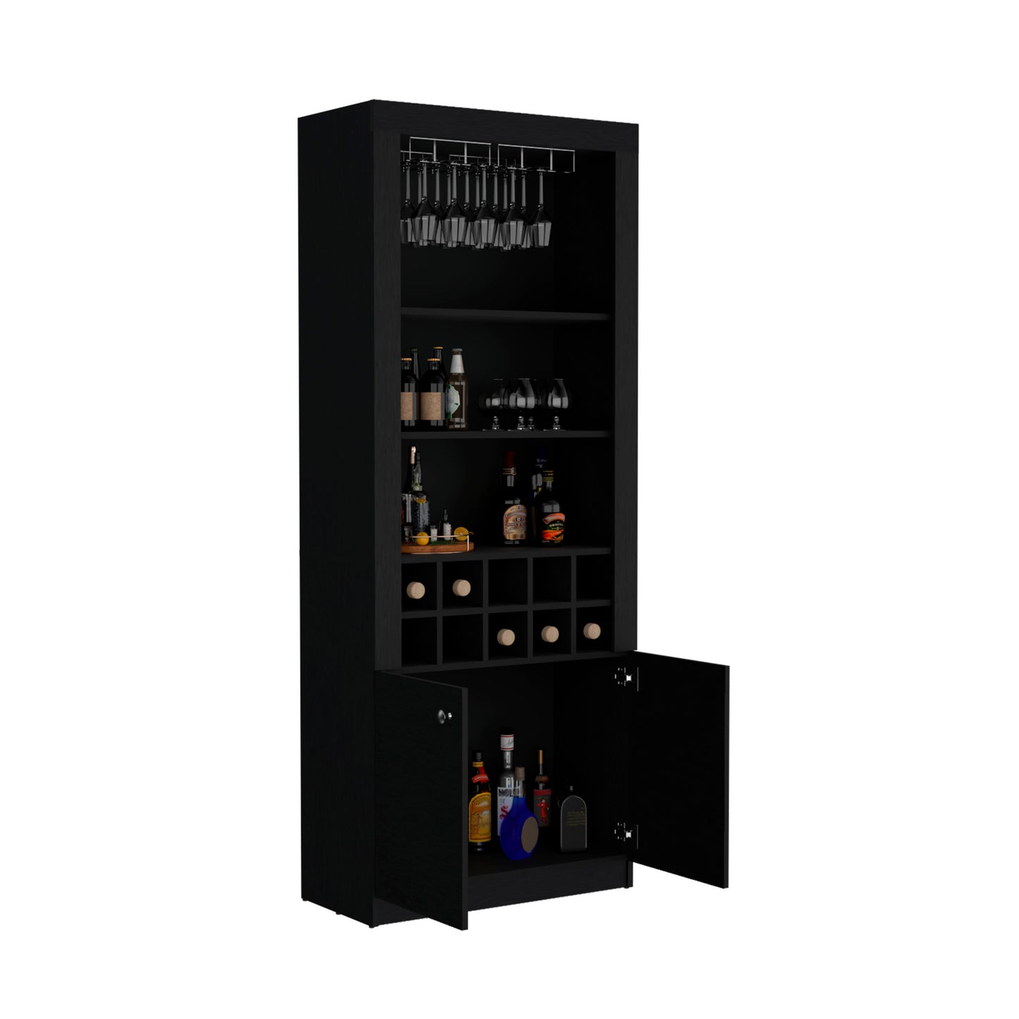 Nero Tall Bar Cabinet 4-Tier Modern Bar Cabinet with Glass Holder Stemware Rack, Wine Cabinet, Liquor Cabinet, 10 Bottle Cubbies and 4 Shelves.