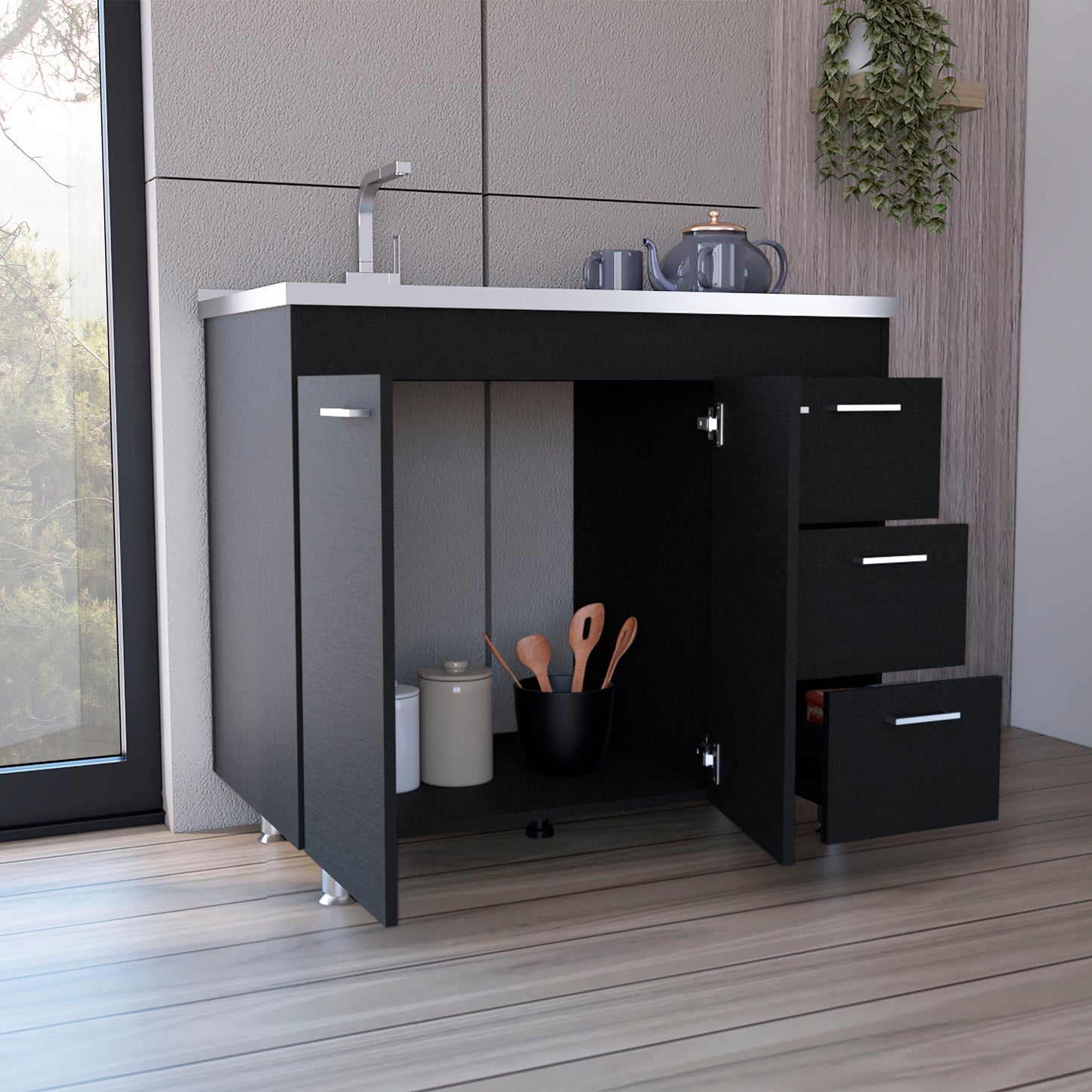 Ferreti Base Cabinet , Three Drawers, Double Door, Four Legs