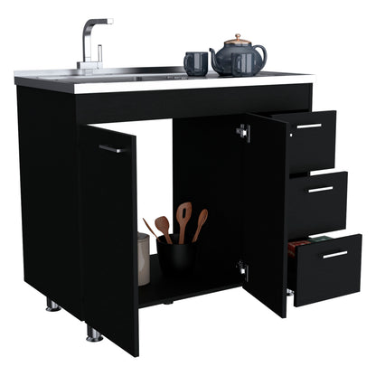 Ferretti Utility Sink Base Cabinet with Stainless Steel Countertop, Three Storage Drawers, Double-Door Cabinet and Integrated Faucet Opening for Modern Kitchen Organization, Prep Convenience and Functional Home Utility