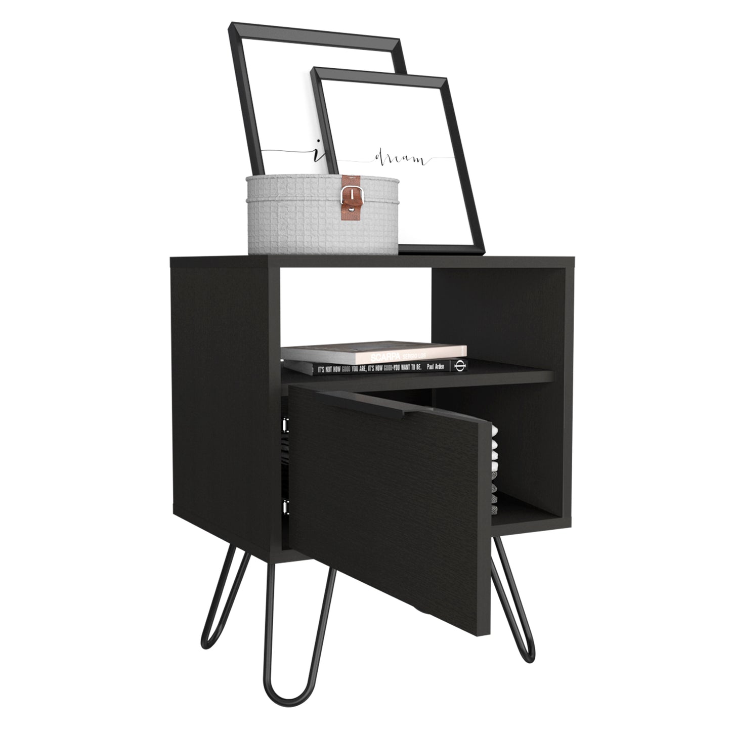 Tuhome Augusta Nightstand with Compact Modern Design, Spacious Storage Drawer and Open Shelf, Bedside Organization Solution for Small Bedrooms, Contemporary Functional Furniture to Enhance Comfort and Daily Use
